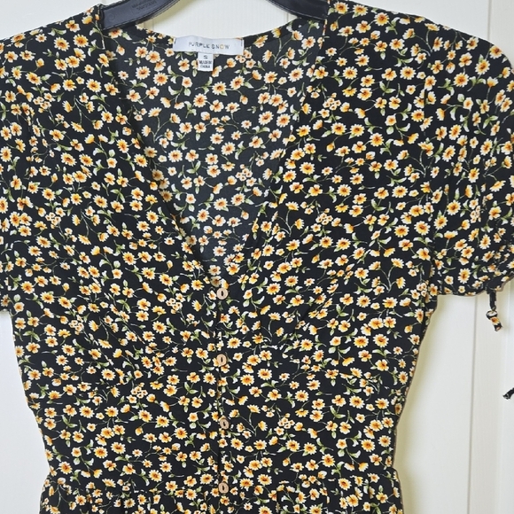 Purple Snow Small Pixie Daisy Mini Dress Flirty Tie Sleeves Wooden Buttons - Picture 6 of 13